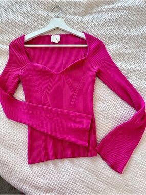 H&M Pink/Magenta Ribbed Sweetheart Neckline Long Sleeve Top
